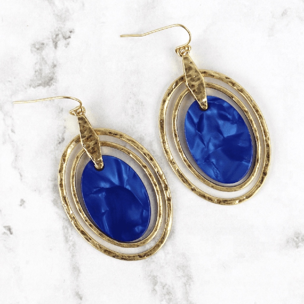 2 /$10- BLUE RESIN GOLDTONE TRIPLE OVAL EARRINGS